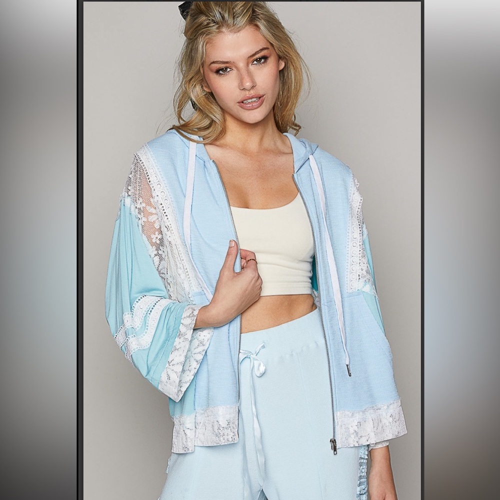 POL Light Blue Lace-Trim Hooded Jacket